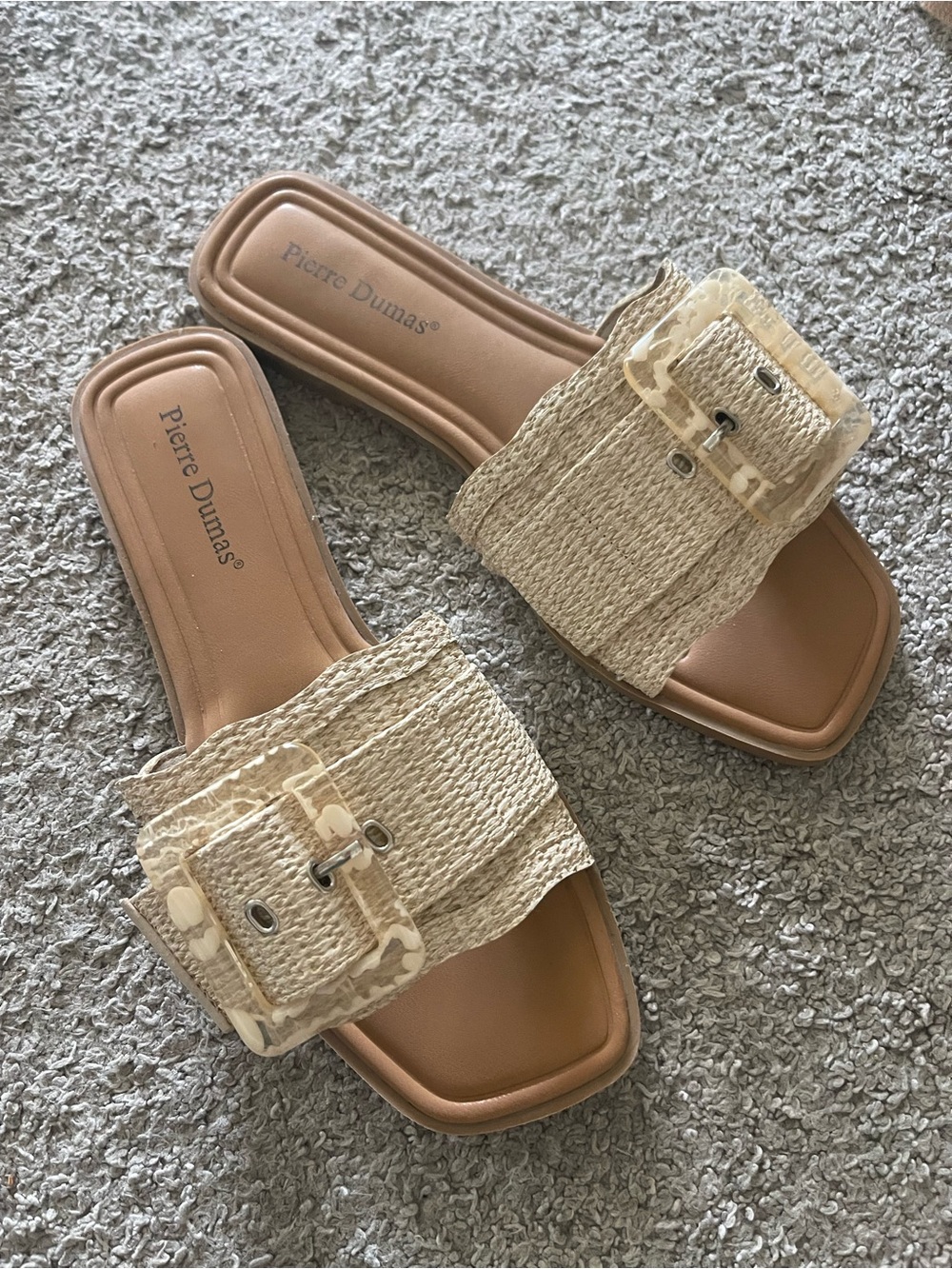 Pierre Dumas Natural Raffia Buckle Slide Sandals